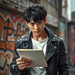 A young Japanese male with a fierce and determined expression, holding a sketchbook firmly in one hand