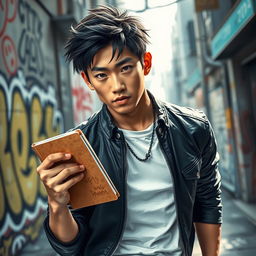 A young Japanese male with a fierce and determined expression, holding a sketchbook firmly in one hand