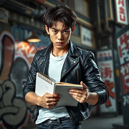 A young Japanese male with a fierce and determined expression, holding a sketchbook firmly in one hand