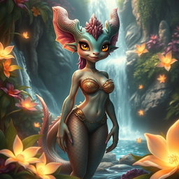 A vibrant and colorful fantasy world depicting a mythical creature, bikini-clad with intricate details, standing amidst lush fantasy flora