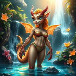 A vibrant and colorful fantasy world depicting a mythical creature, bikini-clad with intricate details, standing amidst lush fantasy flora