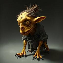 A grotesque creature, short in stature, effortlessly transitioning between a four-legged gait and an upright stance