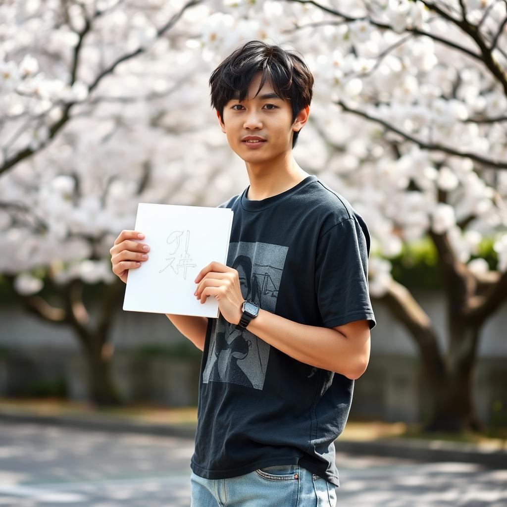 A real Japanese male artist standing in a serene outdoor setting, proudly holding a sketchbook in one hand