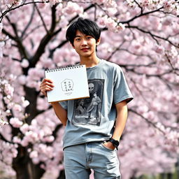 A real Japanese male artist standing in a serene outdoor setting, proudly holding a sketchbook in one hand