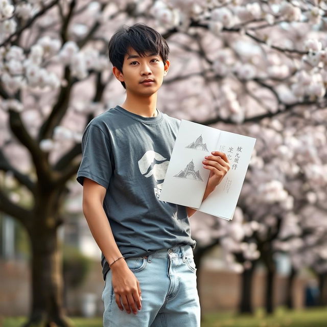 A real Japanese male artist standing in a serene outdoor setting, proudly holding a sketchbook in one hand