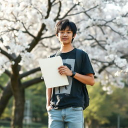 A real Japanese male artist standing in a serene outdoor setting, proudly holding a sketchbook in one hand