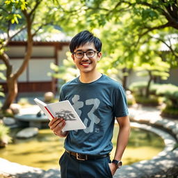 A real Japanese male artist standing outdoors, confidently holding a sketchbook in one hand