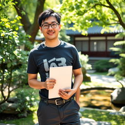 A real Japanese male artist standing outdoors, confidently holding a sketchbook in one hand