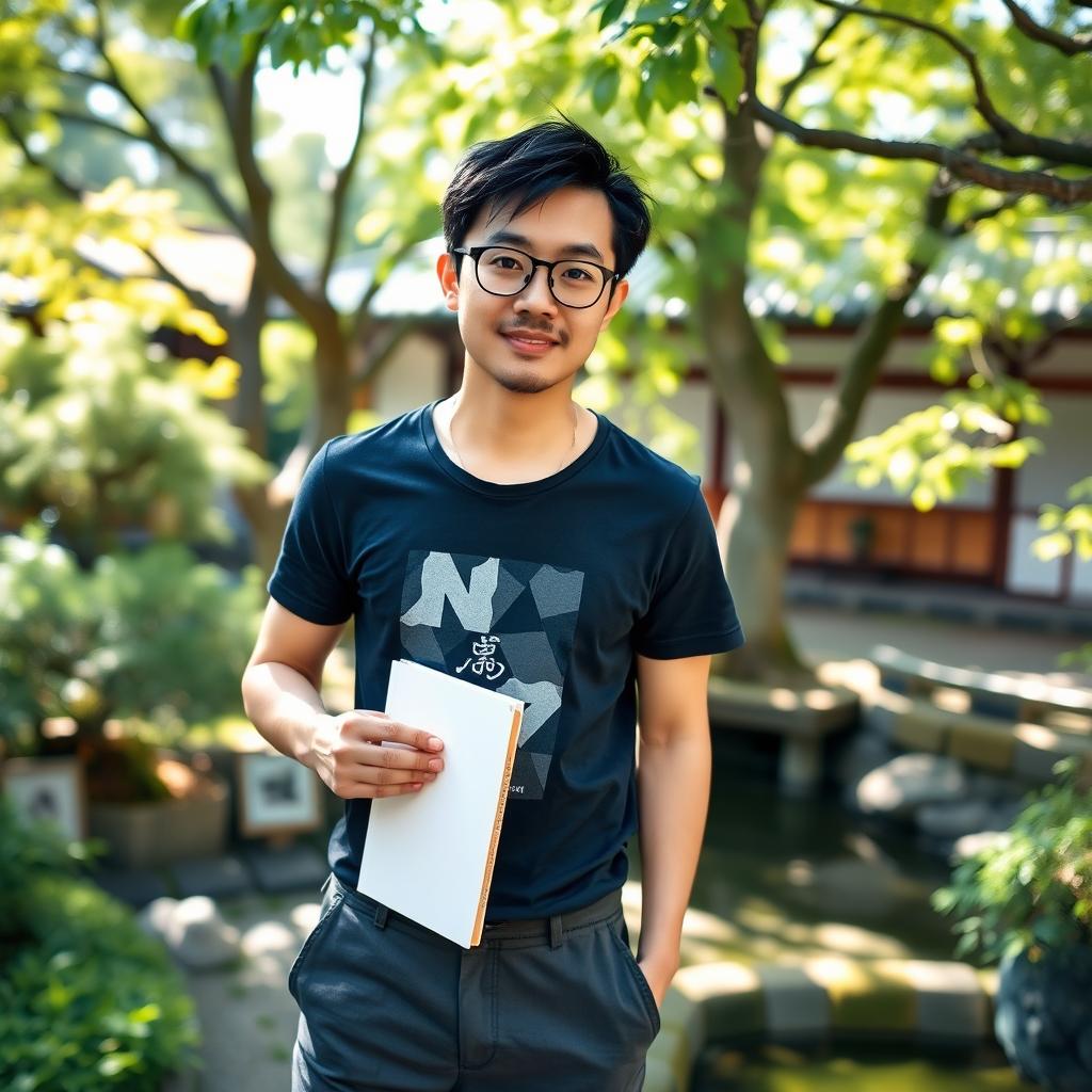 A real Japanese male artist standing outdoors, confidently holding a sketchbook in one hand