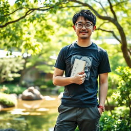 A real Japanese male artist standing outdoors, confidently holding a sketchbook in one hand