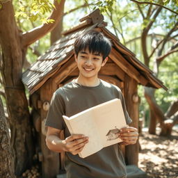 A young Japanese male in his 20's, casually dressed, holding a sketchbook with some sketches visible, standing behind a rustic nut house surrounded by trees