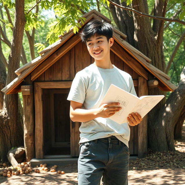 A young Japanese male in his 20's, casually dressed, holding a sketchbook with some sketches visible, standing behind a rustic nut house surrounded by trees