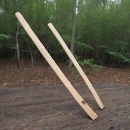 A homemade fishbone-shaped antenna made from wooden sticks, revealing a rustic and innovative style. The antenna has well-structured, detailed proportions, with the wooden sticks positioned precisely, reflecting the ingenuity of DIY craftsmanship.