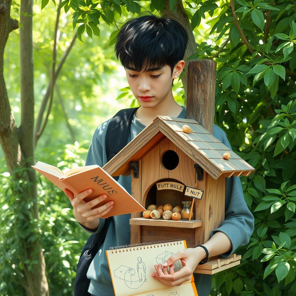 A young Japanese male in his 20's, dressed casually, holding a sketchbook in one hand and standing behind a quaint nut house made of wood, with a rustic charm