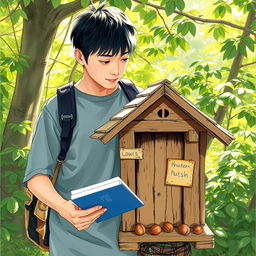 A young Japanese male in his 20's, dressed casually, holding a sketchbook in one hand and standing behind a quaint nut house made of wood, with a rustic charm