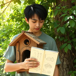 A young Japanese male in his 20's, dressed casually, holding a sketchbook in one hand and standing behind a quaint nut house made of wood, with a rustic charm