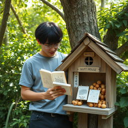 A young Japanese male in his 20's, dressed casually, holding a sketchbook in one hand and standing behind a quaint nut house made of wood, with a rustic charm