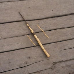 A homemade fishbone-shaped antenna made from wooden sticks, revealing a rustic and innovative style. The antenna has well-structured, detailed proportions, with the wooden sticks positioned precisely, reflecting the ingenuity of DIY craftsmanship.