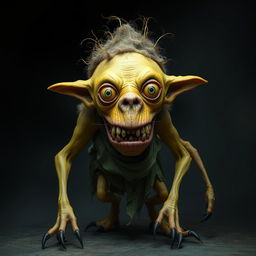 A grotesque creature, short in height, fluidly shifting between a four-legged gait and an upright stance