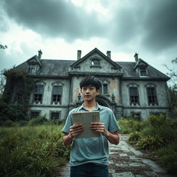 A young Japanese male, dressed in casual attire, holding a sketchbook while standing behind an old, eerie insane asylum