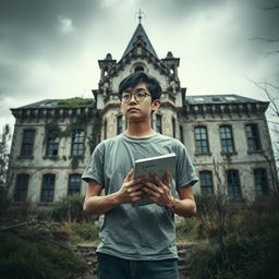 A young Japanese male, dressed in casual attire, holding a sketchbook while standing behind an old, eerie insane asylum