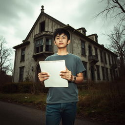 A young Japanese male, dressed in casual attire, holding a sketchbook while standing behind an old, eerie insane asylum