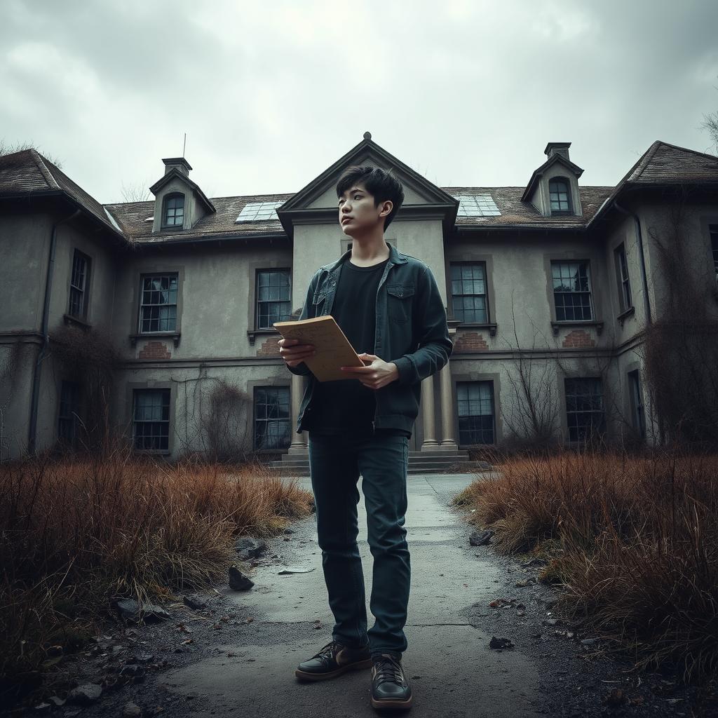 A young Japanese male, dressed in casual attire, holding a sketchbook while standing behind an old, eerie insane asylum