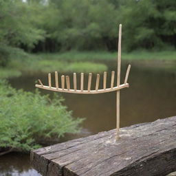 A homemade fishbone-shaped antenna made from wooden sticks, revealing a rustic and innovative style. The antenna has well-structured, detailed proportions, with the wooden sticks positioned precisely, reflecting the ingenuity of DIY craftsmanship.