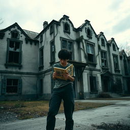 A young Japanese male, casually dressed, holding a sketchbook while standing behind a decrepit insane asylum