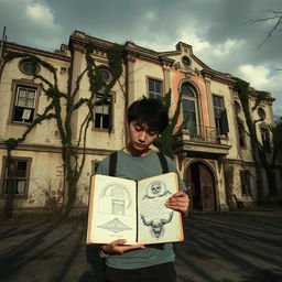 A young Japanese male, casually dressed, holding a sketchbook while standing behind a decrepit insane asylum