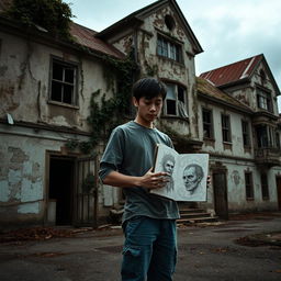 A young Japanese male, casually dressed, holding a sketchbook while standing behind a decrepit insane asylum