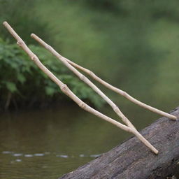 A homemade fishbone-shaped antenna made from wooden sticks, revealing a rustic and innovative style. The antenna has well-structured, detailed proportions, with the wooden sticks positioned precisely, reflecting the ingenuity of DIY craftsmanship.