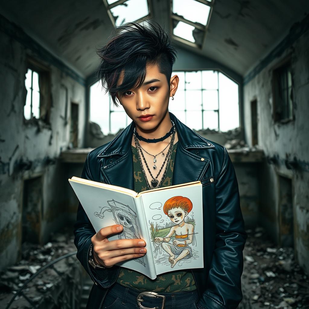 A stylish Japanese male K-pop idol, with trendy hair and fashionable attire, holding a sketchbook while standing behind a dilapidated insane asylum