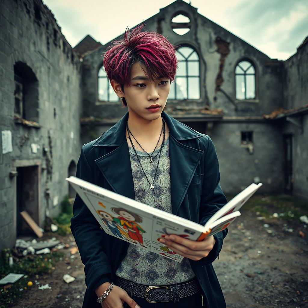 A stylish Japanese male K-pop idol, with trendy hair and fashionable attire, holding a sketchbook while standing behind a dilapidated insane asylum