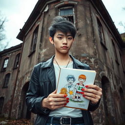 A stylish Japanese male K-pop idol, with trendy hair and fashionable attire, holding a sketchbook while standing behind a dilapidated insane asylum