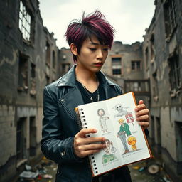 A stylish Japanese male K-pop idol, with trendy hair and fashionable attire, holding a sketchbook while standing behind a dilapidated insane asylum