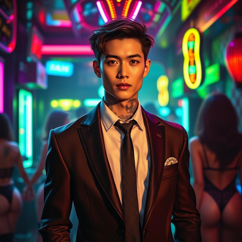 A tall young Japanese male with dark brown hair and captivating blue eyes, adorned with detailed tattoos that peek from underneath his stylish suit and tie