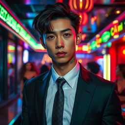 A tall young Japanese male with dark brown hair and captivating blue eyes, adorned with detailed tattoos that peek from underneath his stylish suit and tie