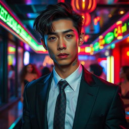 A tall young Japanese male with dark brown hair and captivating blue eyes, adorned with detailed tattoos that peek from underneath his stylish suit and tie