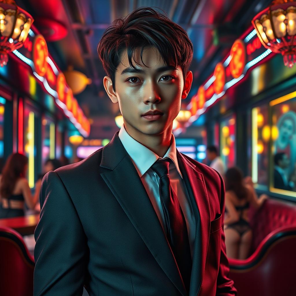 A tall young Japanese male with dark brown hair and striking blue eyes, showcasing an array of intricate tattoos that subtly peek from beneath his sharp suit and tie