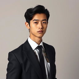 A tall young Japanese male with dark brown hair and captivating blue eyes, showcasing an array of detailed tattoos that peek from beneath his well-fitted suit and tie