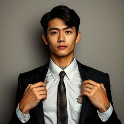 A tall young Japanese male with dark brown hair and captivating blue eyes, showcasing an array of detailed tattoos that peek from beneath his well-fitted suit and tie