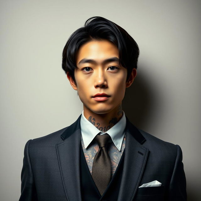 A tall young Japanese male with dark brown hair and captivating blue eyes, showcasing an array of detailed tattoos that peek from beneath his well-fitted suit and tie