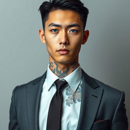 A tall young Japanese male with dark brown hair and captivating blue eyes, showcasing an array of detailed tattoos that peek from beneath his well-fitted suit and tie