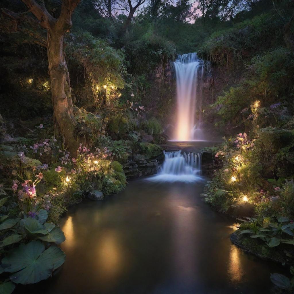 A magical fairyland bathed in the soft glow of twilight, with pixies dancing around a glistening waterfall cascading into a tranquil pool