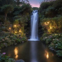 A magical fairyland bathed in the soft glow of twilight, with pixies dancing around a glistening waterfall cascading into a tranquil pool