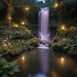 A magical fairyland bathed in the soft glow of twilight, with pixies dancing around a glistening waterfall cascading into a tranquil pool