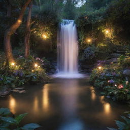 A magical fairyland bathed in the soft glow of twilight, with pixies dancing around a glistening waterfall cascading into a tranquil pool