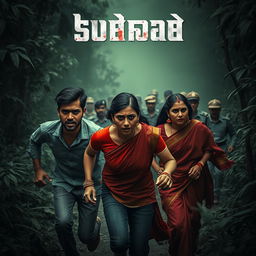 A cinematic horror film poster featuring three individuals in a dense jungle