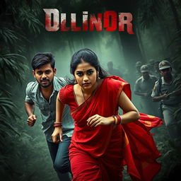 A cinematic horror film poster featuring three individuals in a dense jungle